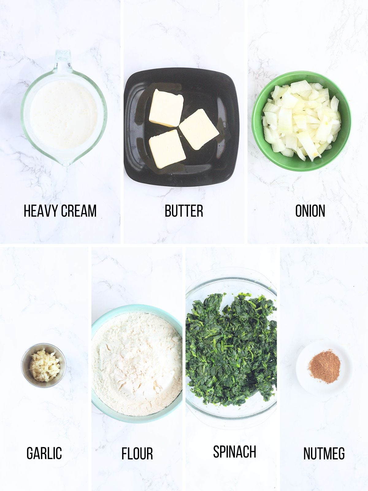 Collage of ingredients needed to make creamed spinach.