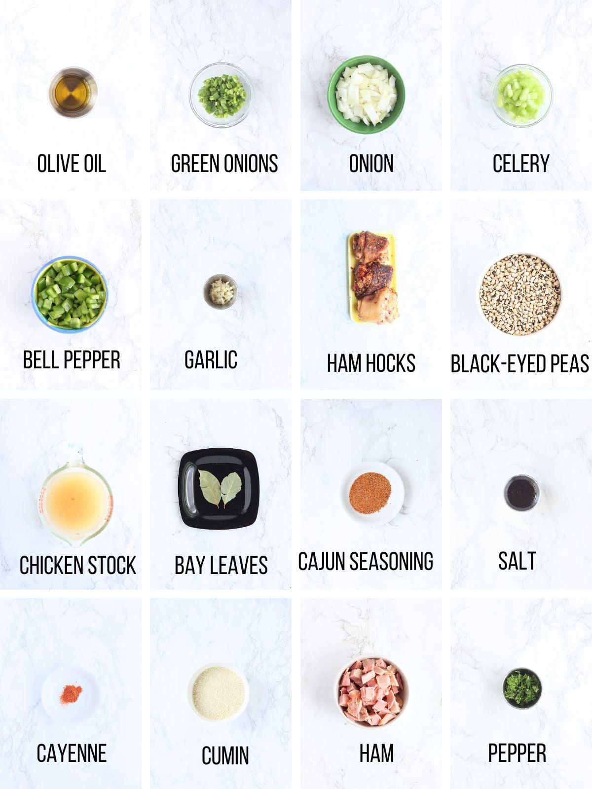 Collage of ingredients needed to make black eyed pea soup.